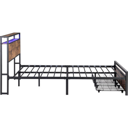 Full Size Bed Frame with Storage Headboard and 2 Drawers, LED Lights Bed with Charging Station, Metal Platform Bed No Noise, Mattress Foundation Strong Metal Slats Support No Box Spring Needed