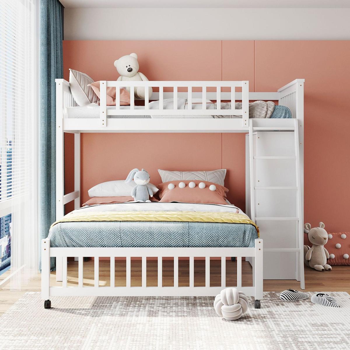 Wooden Twin Over Full Bunk Bed With Six Drawers And Flexible Shelves,Bottom Bed With Wheels,White