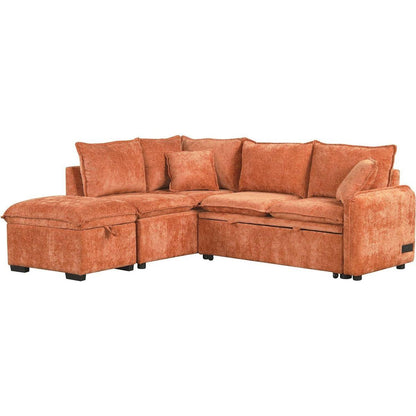 82.67"Convertible Sofa Bed Sectional Sofa Sleeper L-shaped Sofa with a Storage Ottoman,Two Pillows, Two Power Sockets and Two USB Ports for Living Room, Orange