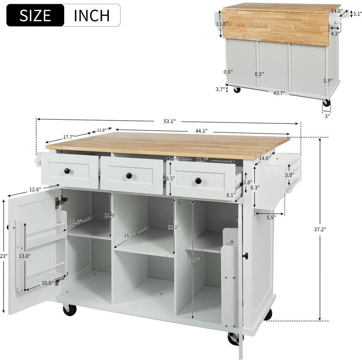 Kitchen Cart with Rubber wood Drop-Leaf Countertop, Cabinet door internal storage racks,Kitchen Island on 5 Wheels with Storage Cabinet and 3 Drawers for Dining Room,White