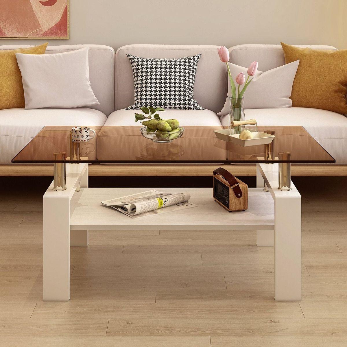 Rectangle Coffee Table, Tempered Glass Tabletop with MDF Layer, Modern Table for Living Room, Brown Glass