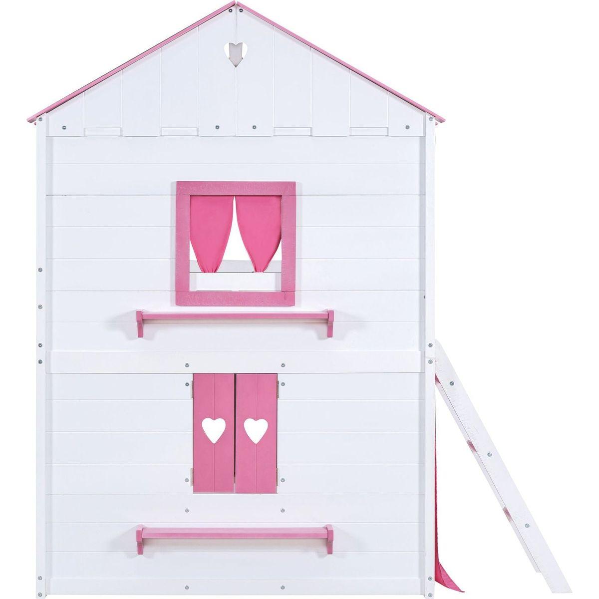 Full Size Bunk Wood House Bed with Elegant Windows, Sills and Tent, Pink+White