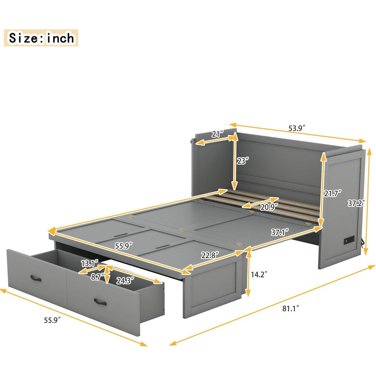 Full Size Murphy Bed with USB Port and a Large Drawer, Gray