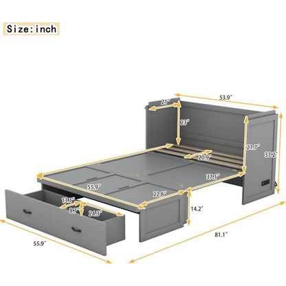 Full Size Murphy Bed with USB Port and a Large Drawer, Gray