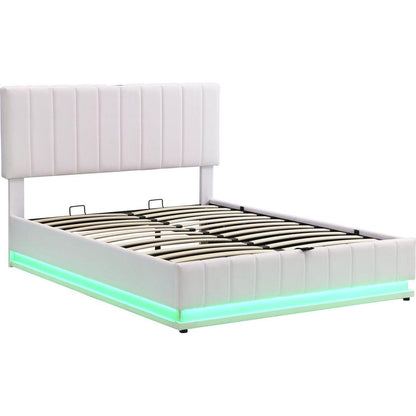 Full Size Upholstered Bed with Hydraulic Storage System and LED Light, Modern Platform Bed with Sockets and USB Ports, White