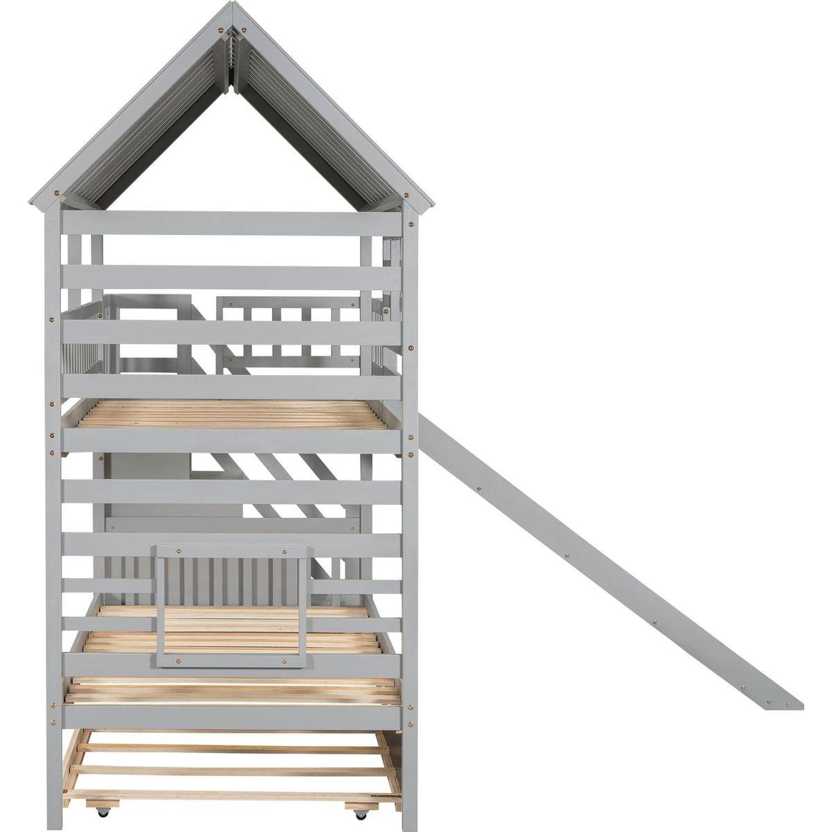 Twin over Twin House Bunk Bed with Trundle and Slide, Storage Staircase, Roof and Window Design, Gray