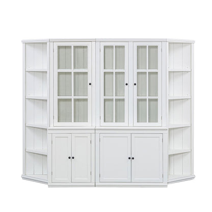 Retro Style Wall Suit with Glass Doors, 75.25'' Tall Display Cabinets & Triangle Sided Bookshelves, White