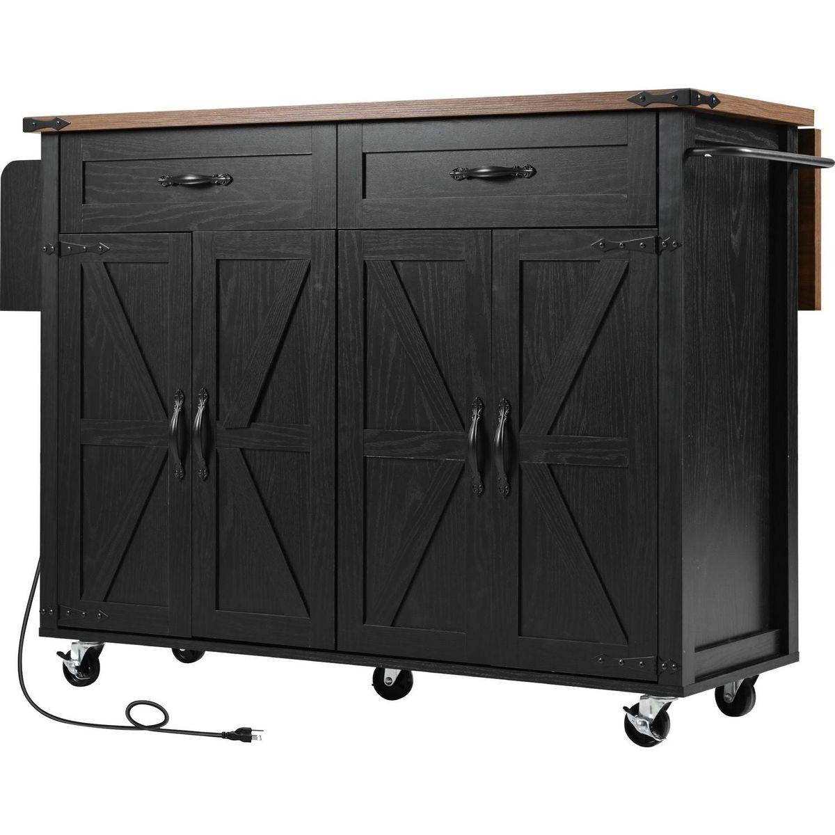 53.5"Farmhouse Kitchen Island with Power Outlet, Kitchen Storage Island with Drop Leaf, Spice Rack and Drawer, Rolling Kitchen Cart on Wheels, for Home, Kitchen and Dining Room, Black