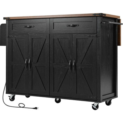 53.5"Farmhouse Kitchen Island with Power Outlet, Kitchen Storage Island with Drop Leaf, Spice Rack and Drawer, Rolling Kitchen Cart on Wheels, for Home, Kitchen and Dining Room, Black