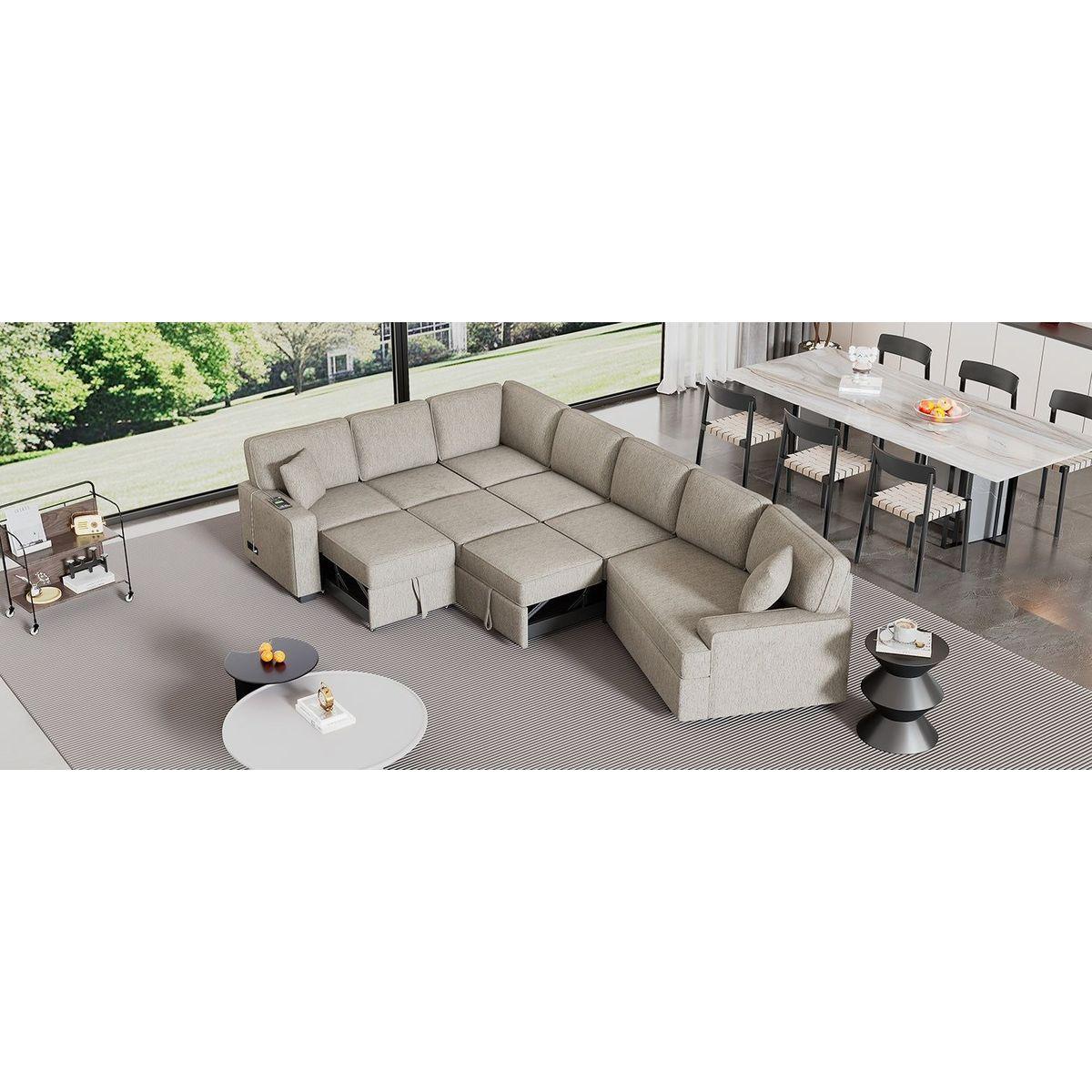 126" L-shaped Sofa Sectional Sofa Couch Pull-out Sofa Bed with Charging Devices and Cup Holders for Living Room, Beige