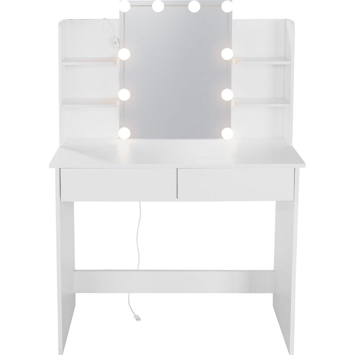 Makeup Vanity Desk With LED Lighted Mirror, Dressing Table Set With 2 Large Drawers 10 LED Light, White Color