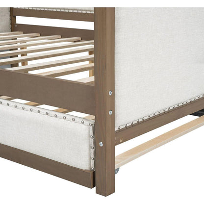 Full Size Upholstered Daybed with Trundle and Nailhead Decoration, Wood Color