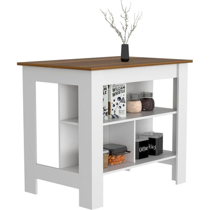 Kitchen Island, kitchen table 35" H, Four Legs, Three Open Storage Shelves, White / Walnut