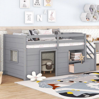 TWIN BED, SOLID WOOD TWIN SIZE LOW LOFT BED WITH STAIR, DRAWER, AND SHELF OF GREY COLOR