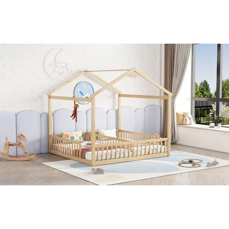 Double Twin House-Style Floor Bed with Fence, Guardrails, without door, Natural