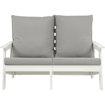 HIPS Loveseat with Cushion, Wood Grain Outdoor Garden Sofa,White/Grey