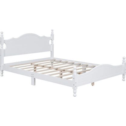 Queen Size Wood Platform Bed Frame,Retro Style Platform Bed with Wooden Slat Support,White