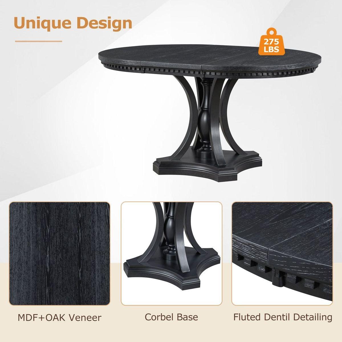 Retro 5-piece Dining Set Extendable Round Table and 4 Chairs for Kitchen Dining Room (BLACK OAK)