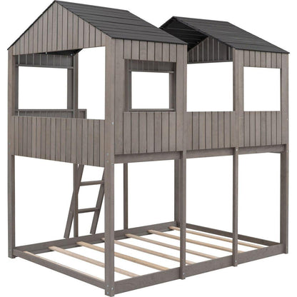 Full Over Full WoodBunk Bed with Roof, Window, Guardrail, Ladder(Antique Gray)