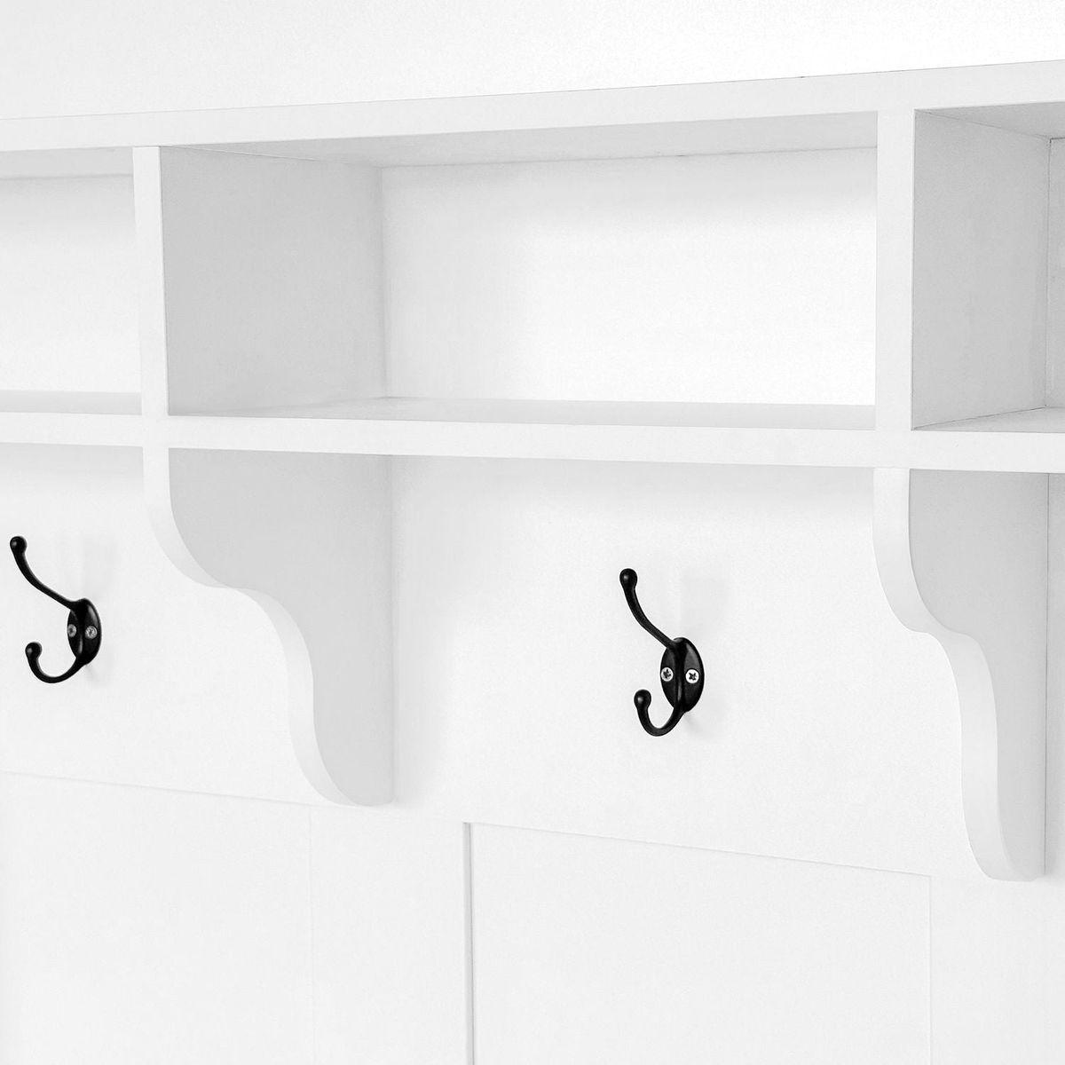 47.2" Wide Hall Tree with Bench and Shoe Storage, Multi-functional Storage Bench with 3 Hanging Hooks & Open Storage Space, Rectangle Storage & Shelves Coat Rack for Hallway, White
