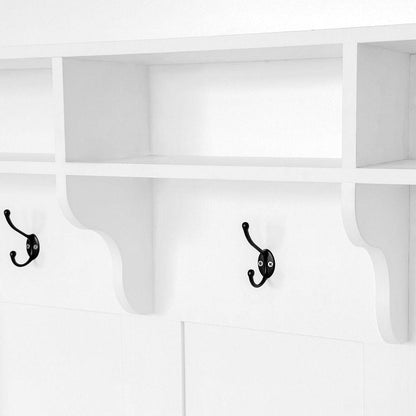 47.2" Wide Hall Tree with Bench and Shoe Storage, Multi-functional Storage Bench with 3 Hanging Hooks & Open Storage Space, Rectangle Storage & Shelves Coat Rack for Hallway, White