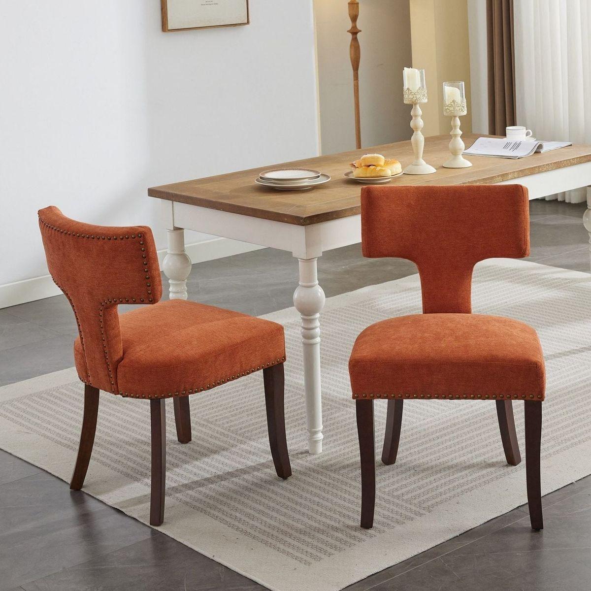 Mid Century Modern Dining Chairs Set of 2, Farmhouse Linen Fabric Upholstered Accent Chair Curved Backrest with Copper Nails around,Kitchen Chairs with Hardwood Frame, Orange