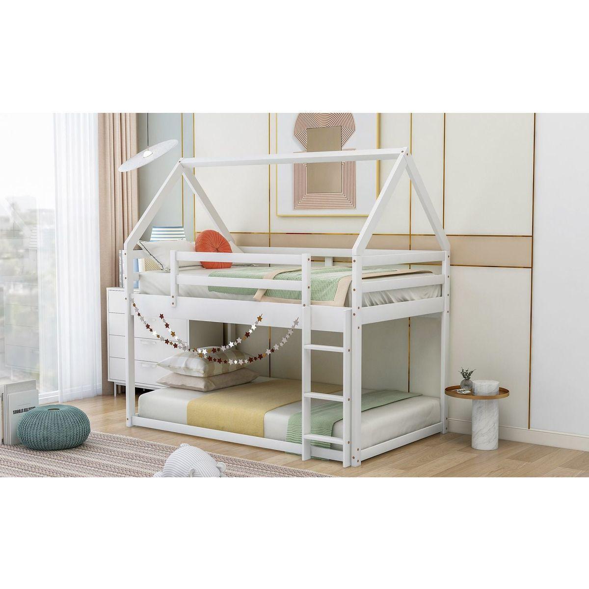 Twin over Twin Low Bunk Bed, House Bed with Ladder, White