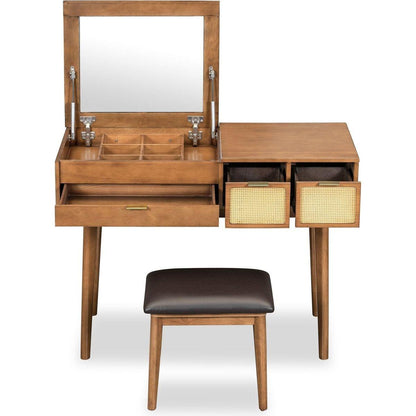 43.3" Classic Wood Makeup Vanity Set with Flip-top Mirror and Stool, Dressing Table with Three Drawers and storage space, Brown