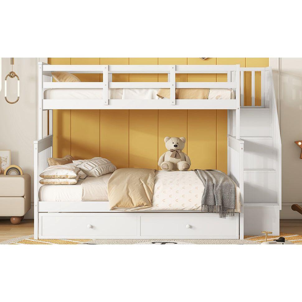 Twin-Over-Full Bunk Bed with Twin size Trundle, Storage and Guard Rail for Bedroom, Dorm, for Adults, White
