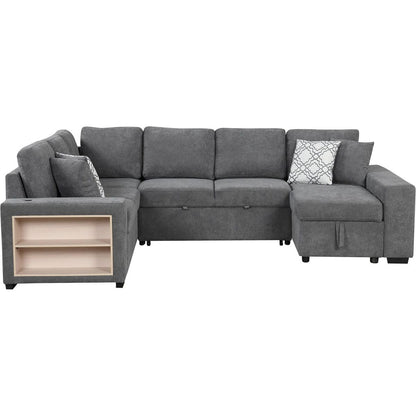 109" U-shaped Sectional Sofa Pull-out Sofa Bed with Two USB Ports, a Storage Chaise Lounge and Four Back Pillows for Living Room, Grey