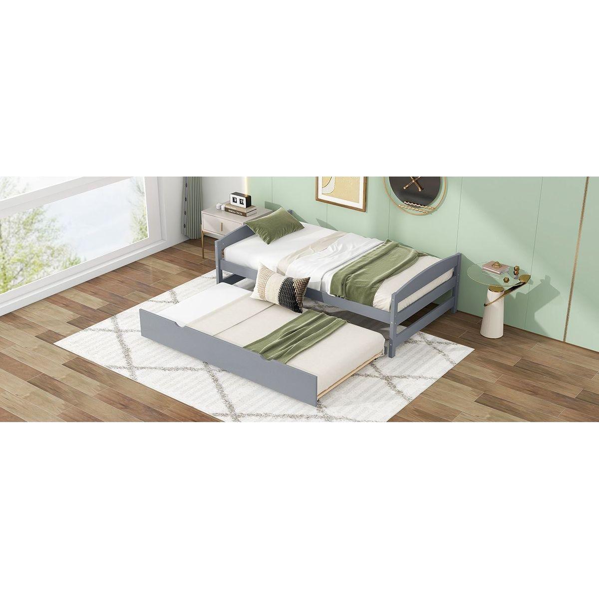 Twin Size Platform Bed with Twin Size Trundle, Gray