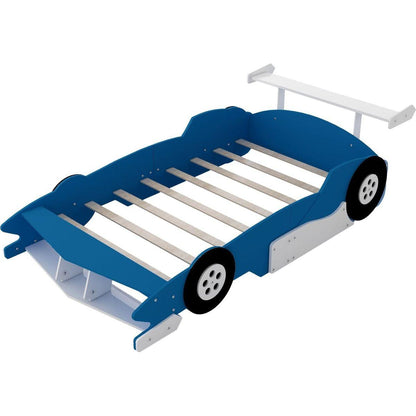 Full Size Race Car-Shaped Platform Bed with Wheels,Blue