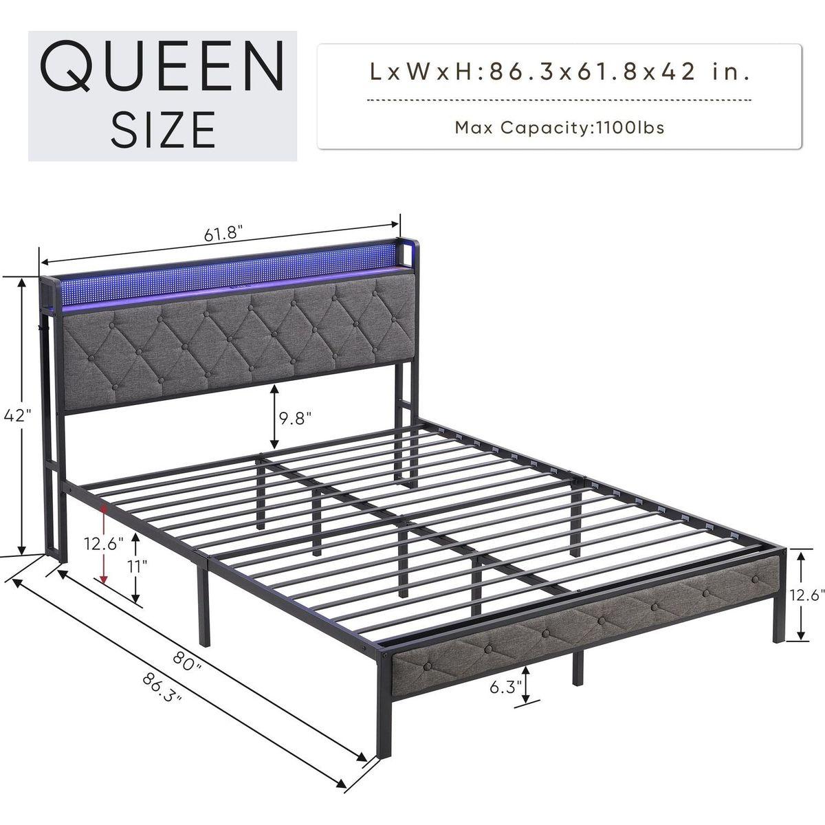 Queen Bed Frame with Storage Headboard, Charging Station and LED Lights, Upholstered Platform Bed with Heavy Metal Slats, No Box Spring Needed, Noise Free, Easy Assembly, Dark Gray
