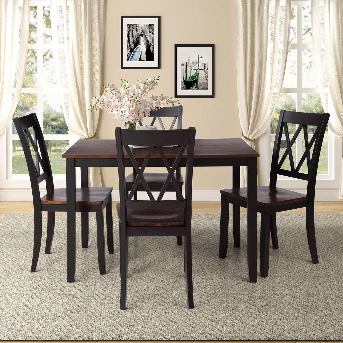 5-Piece Dining Table Set Home Kitchen Table and Chairs Wood Dining Set, Black+Cherry