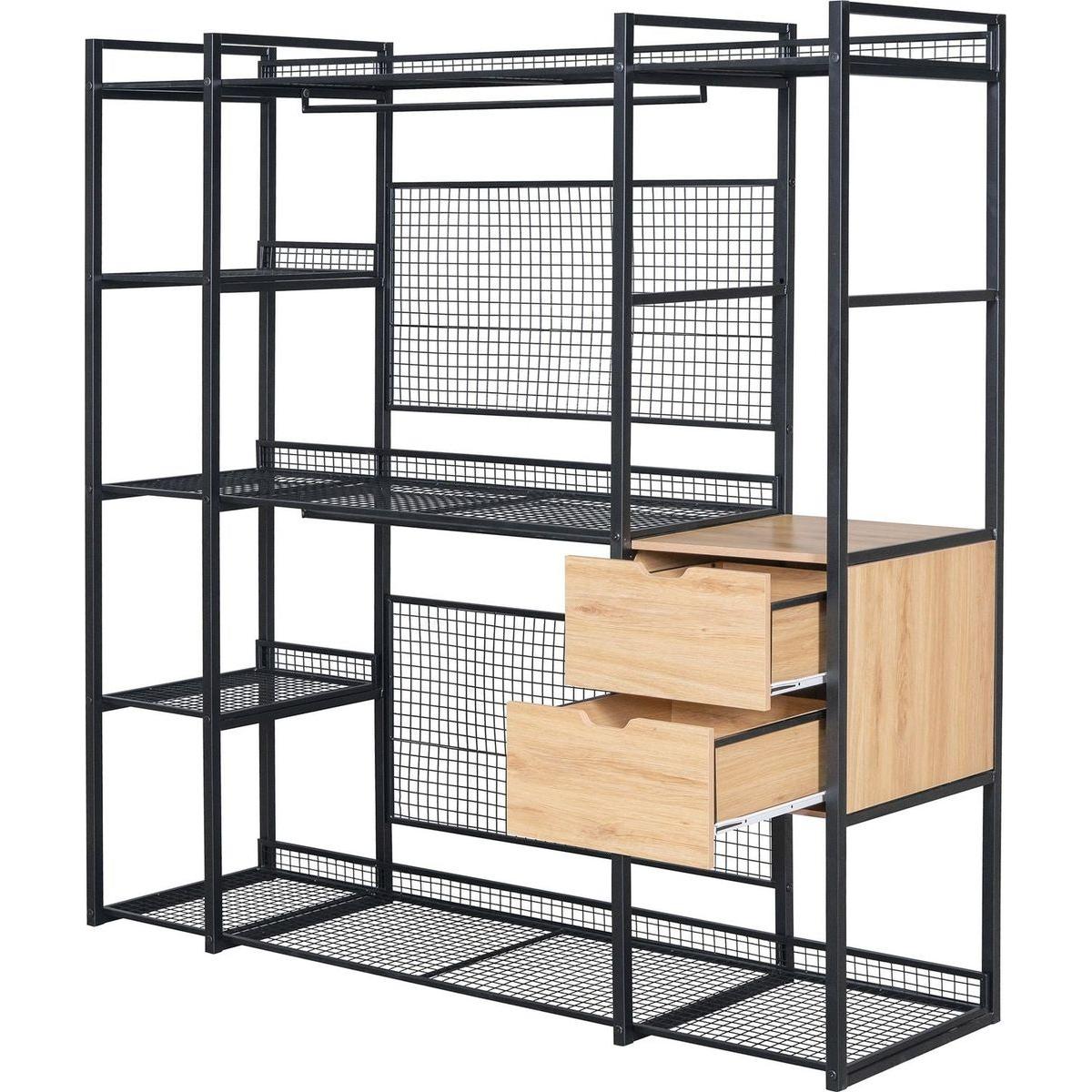 Open-Style Wardrobe with Hanging Rails, Shelves and Drawers, Black