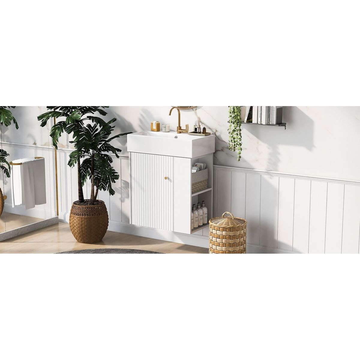 21.6inch Modern Floating Bathroom Vanity with Ceramic Basin - Perfect for Small Bathrooms, Right side storage