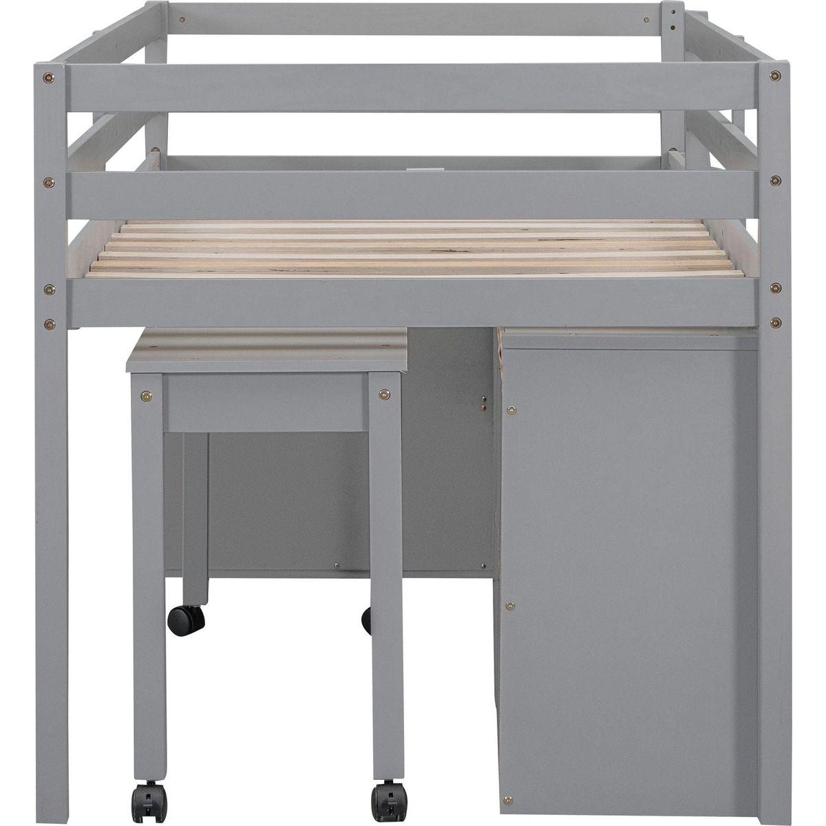 Twin Size Loft Bed with Retractable Writing Desk and 4 Drawers, Wooden Loft Bed with Lateral Portable Desk and Shelves, Gray