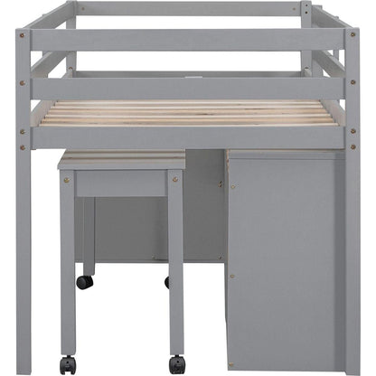 Twin Size Loft Bed with Retractable Writing Desk and 4 Drawers, Wooden Loft Bed with Lateral Portable Desk and Shelves, Gray