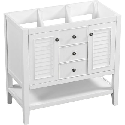 36" Bathroom Vanity without Sink, Cabinet Base Only, Two Cabinets and Drawers, Open Shelf, Solid Wood Frame, White