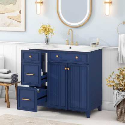 36-inch Bathroom Vanity, Transitional Style Bathroom Cabinet with Resin Sink, Navy Blue Single Bathroom Cabinet, with 2 Drawers and 1 Adjustable Storage Shelf, 2 Soft-close Doors