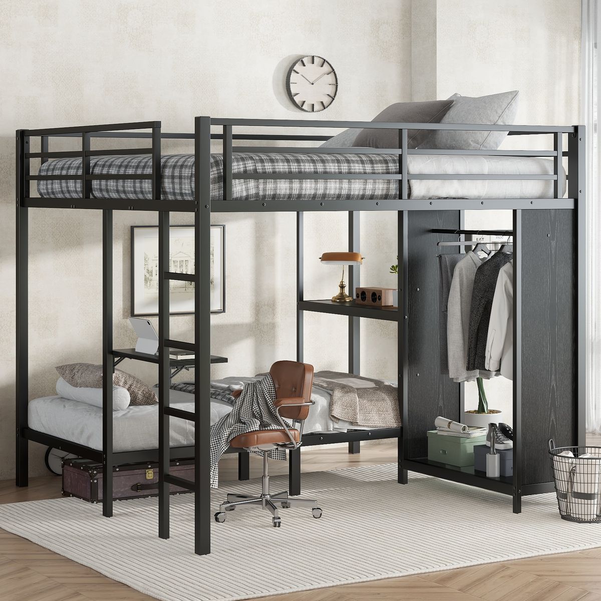 King over Twin XL Size Bunk Bed Frame with Built-in Wardrobe, Metal Bunk Bed with Foldable Desk and, Black