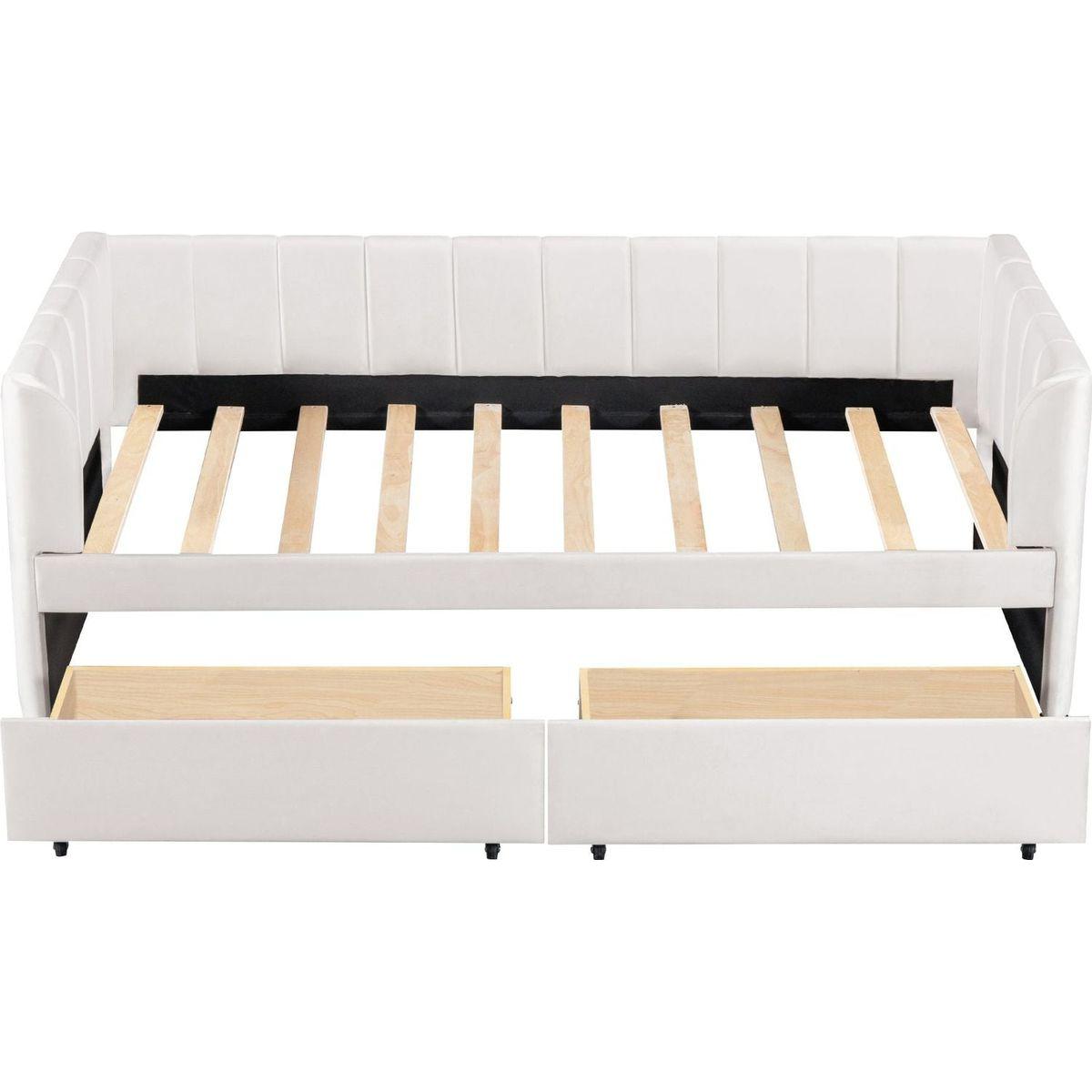 Twin Size Upholstered Daybed with Ergonomic Design Backrest and 2 Drawers, Beige