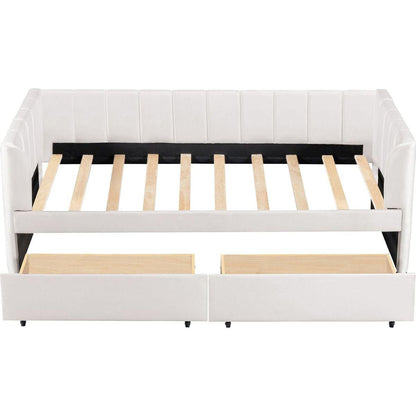 Twin Size Upholstered Daybed with Ergonomic Design Backrest and 2 Drawers, Beige