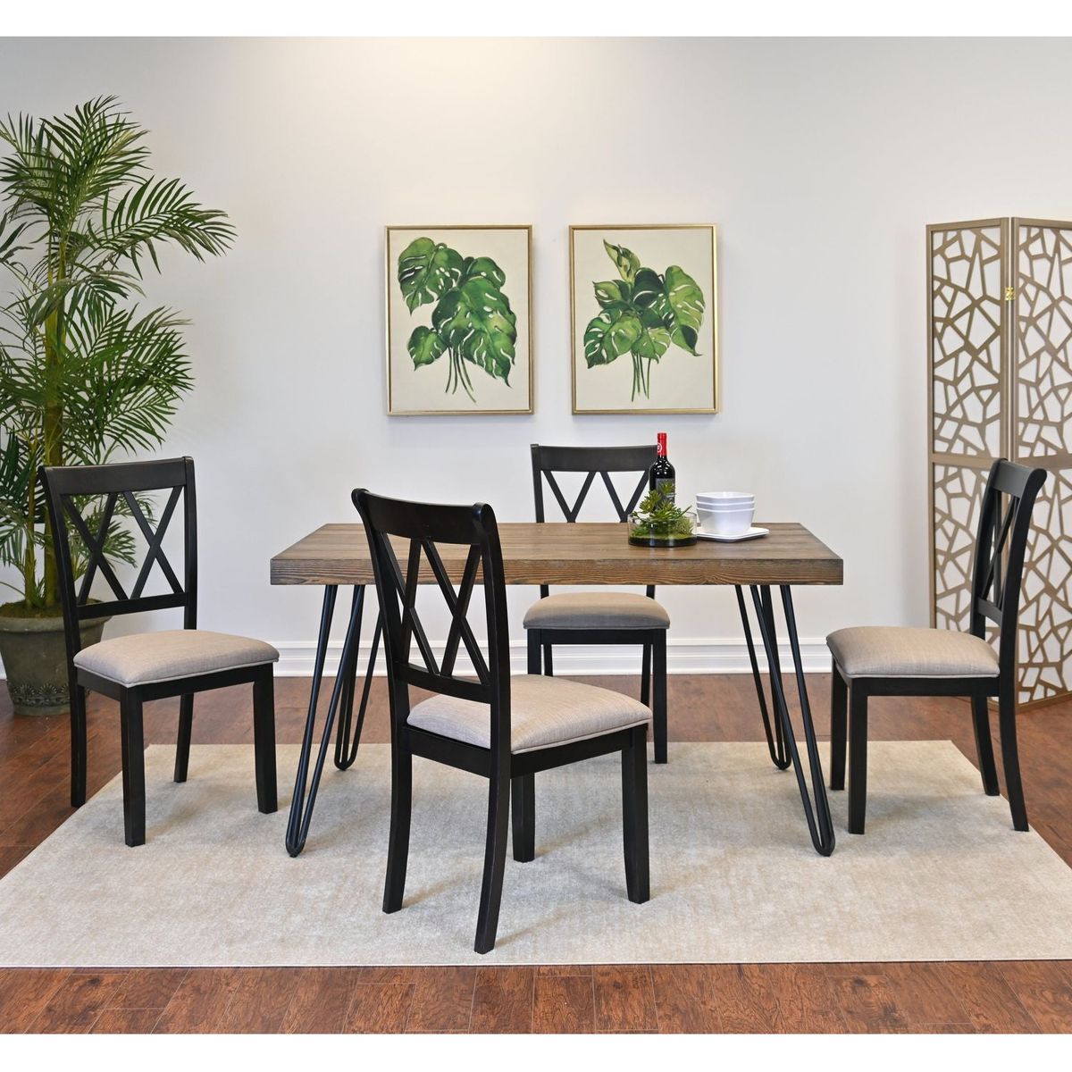 Arroyo 6-Piece Dining Set, Hairpin Dining Table with 4 Cross-back Chairs and Bench, Rich Black