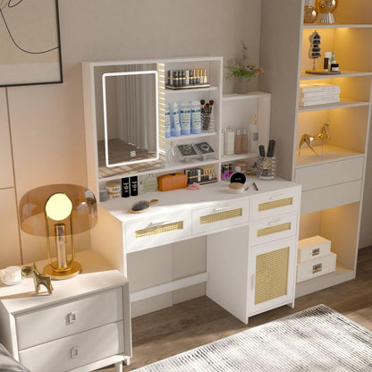 Makeup Vanity with Lights in 3 Colors & Openable Mirror, Vanity Desk with 4 Drawers & 1 Cabinets & Shelves, Vanity Table Rattan Vanity Dresser, for Bedroom