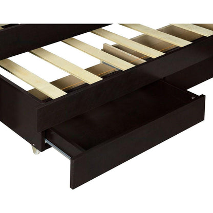 Twin XL Size Platform Bed with Storage LED Headboard, Charging Station, Twin Size Trundle and 2 Drawers, Dark Brown