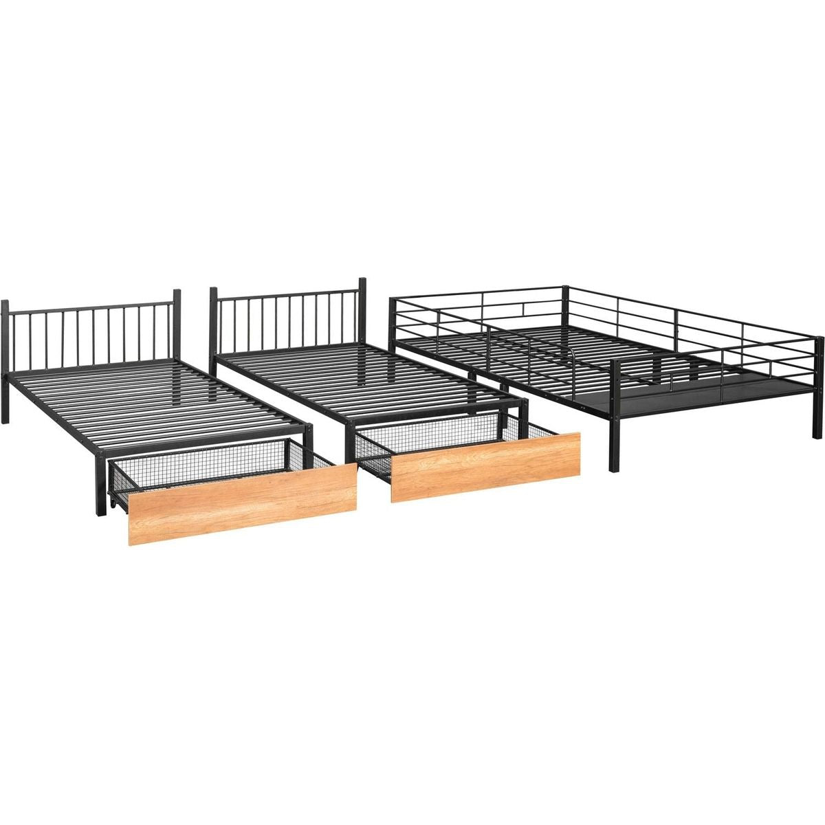 Full Over Twin & Twin Bunk Bed, Metal Triple Bunk Bed with Drawers and Guardrails, Black