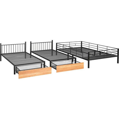 Full Over Twin & Twin Bunk Bed, Metal Triple Bunk Bed with Drawers and Guardrails, Black