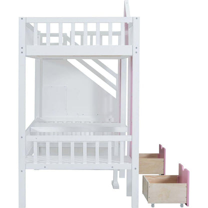 Twin-Over-Twin Bunk Bed with Changeable Table, Bunk Bed Turn into Upper Bed and Down Desk -Pink