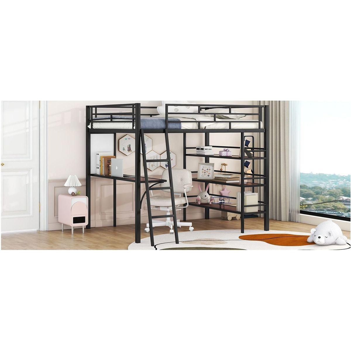 Full Size Loft Metal Bed with 3 Layers of Shelves and Desk, Stylish Metal Frame Bed with Whiteboard, Black
